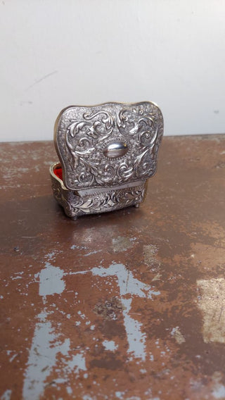Art Nouveau Style Ornate Silver Tone Jewelry Ring Casket, red velvet lined (As-Is)