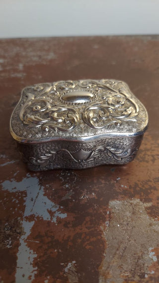Art Nouveau Style Ornate Silver Tone Jewelry Ring Casket, red velvet lined (As-Is)