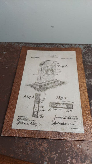 1915 “drawing for a tombstone patent” filed by J. M. Storm, Jr. on September 23, 1915, and patented on August 6, 1918 (Patent No. 1,274,809). Antique patent drawing, print on Douglas fir wood - wall hanging