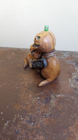 Artist Original - BOO trickster PUMPKIN Head Cats sculpture figurine art - blacklight reactive