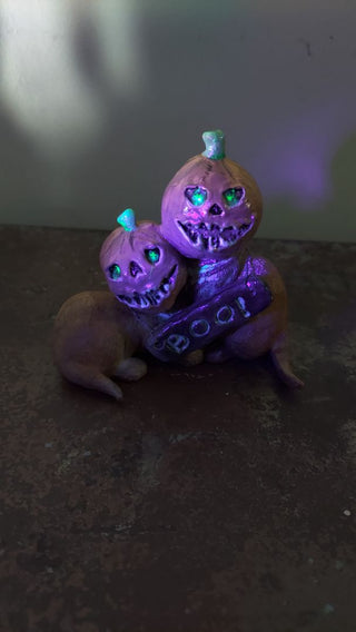 Artist Original - BOO trickster PUMPKIN Head Cats sculpture figurine art - blacklight reactive