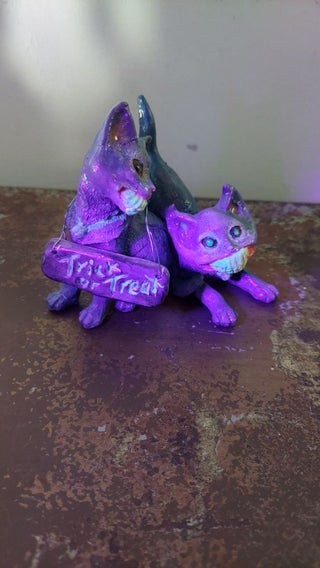 Artist Original - trick or treat trickster cats sculpture art figurine- blacklight reactive