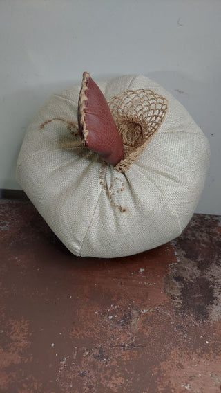 9" Linen & Faux leather cottage pumpkin decorative accent pillow - locally made