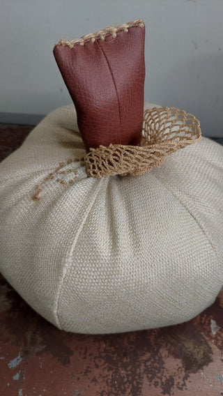 9" Linen & Faux leather cottage pumpkin decorative accent pillow - locally made