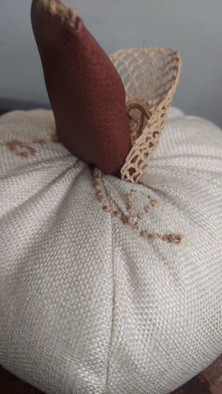 9" Linen & Faux leather cottage pumpkin decorative accent pillow - locally made