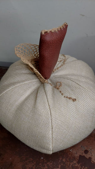 9" Linen & Faux leather cottage pumpkin decorative accent pillow - locally made
