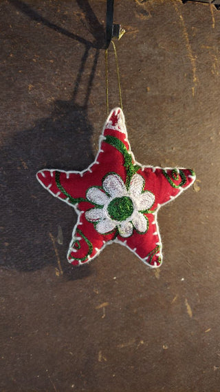 a) Folk Art Star Ornament - Hand stitched from Vintage Suzani Embroidered Fabric and linen