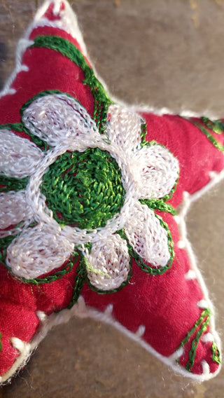 a) Folk Art Star Ornament - Hand stitched from Vintage Suzani Embroidered Fabric and linen