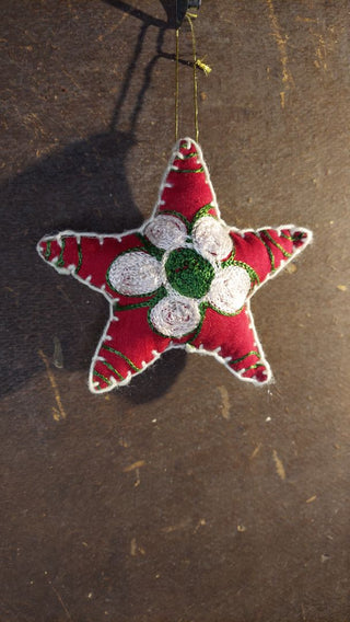 b) Folk Art Star Ornament - Hand stitched from Vintage Suzani Embroidered Fabric and linen
