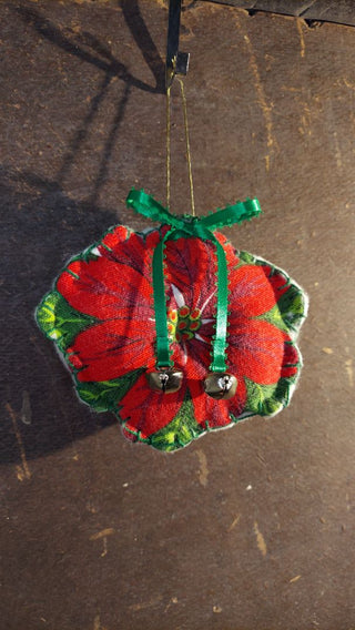 Midcentury Poinsettia Fabric & Stiff felt hand stitched jingle bell Christmas Ornament