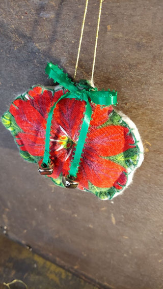 Midcentury Poinsettia Fabric & Stiff felt hand stitched jingle bell Christmas Ornament