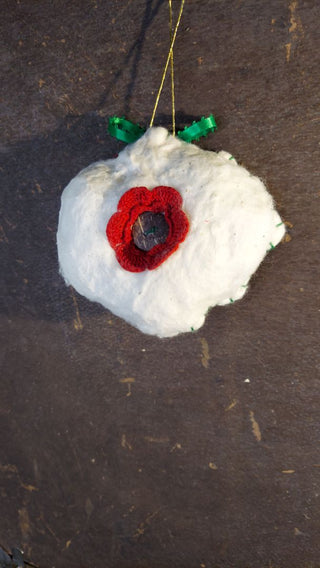 Midcentury Poinsettia Fabric & Stiff felt hand stitched jingle bell Christmas Ornament