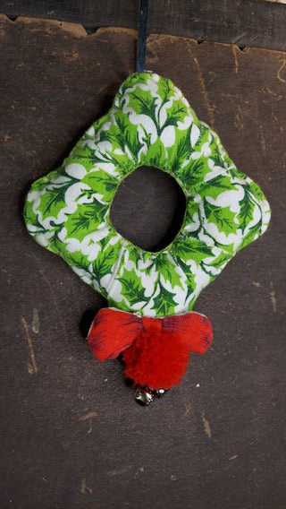 Green - Midcentury Holly Fabric Plush Wreath, Pom & Jingle Bells wall decor / door handle jingle - hand stitched
