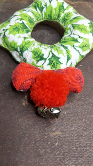 Green - Midcentury Holly Fabric Plush Wreath, Pom & Jingle Bells wall decor / door handle jingle - hand stitched