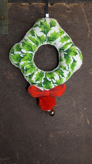 White - Midcentury Holly Fabric Plush Wreath, Pom & Jingle Bells wall decor / door handle jingle - hand stitched