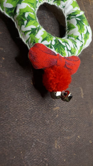 White - Midcentury Holly Fabric Plush Wreath, Pom & Jingle Bells wall decor / door handle jingle - hand stitched