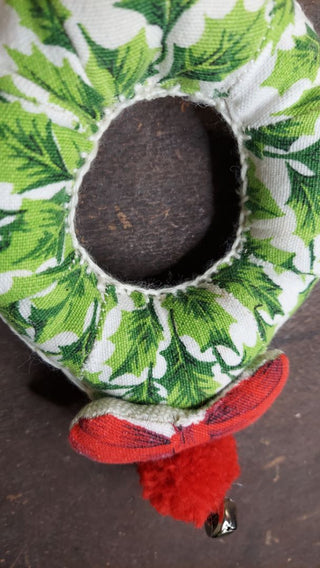 White - Midcentury Holly Fabric Plush Wreath, Pom & Jingle Bells wall decor / door handle jingle - hand stitched