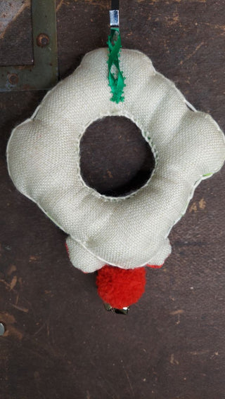 White - Midcentury Holly Fabric Plush Wreath, Pom & Jingle Bells wall decor / door handle jingle - hand stitched