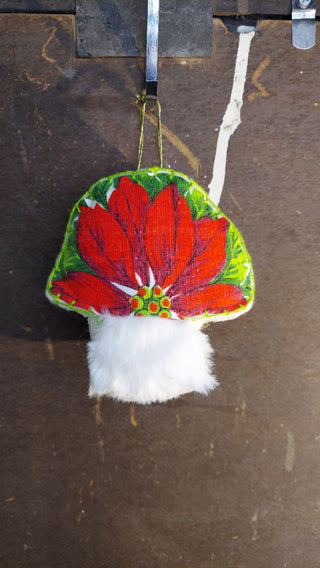 Midcentury poinsettia fabric plush faux fur & stiff felt toadstool mushroom hand stitched Christmas ornament or table decor