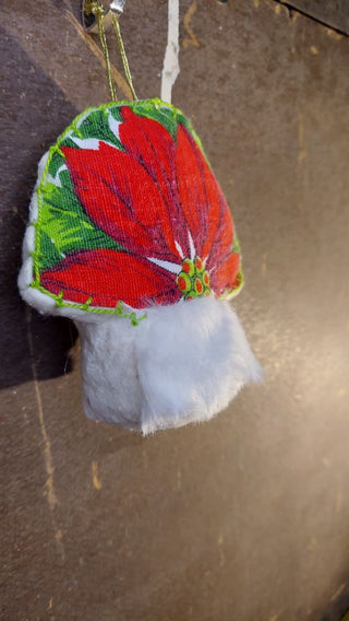 Midcentury poinsettia fabric plush faux fur & stiff felt toadstool mushroom hand stitched Christmas ornament or table decor