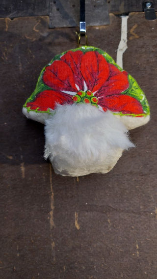 Midcentury poinsettia fabric plush faux fur & stiff felt toadstool mushroom hand stitched Christmas ornament or table decor