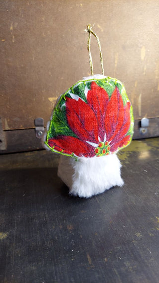 Midcentury poinsettia fabric plush faux fur & stiff felt toadstool mushroom hand stitched Christmas ornament or table decor