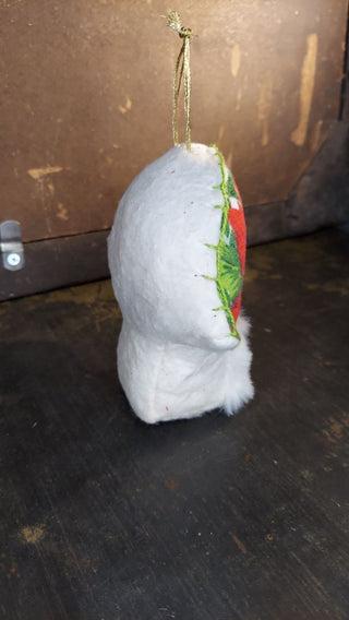 Midcentury poinsettia fabric plush faux fur & stiff felt toadstool mushroom hand stitched Christmas ornament or table decor