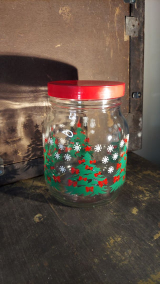 1980s Snowflakes and bowed Trees 35oz Canister by Anchor Hocking