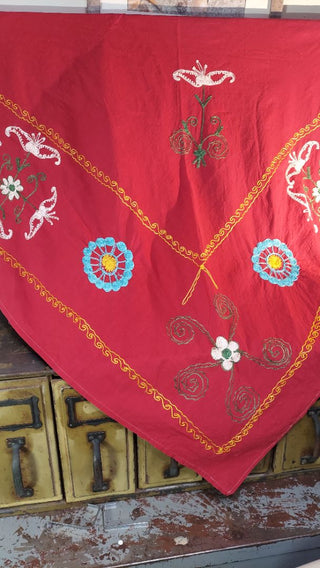 Midcentury Gorgeous Suzani embroidered console table side table corner half tablecloth (As-Is)