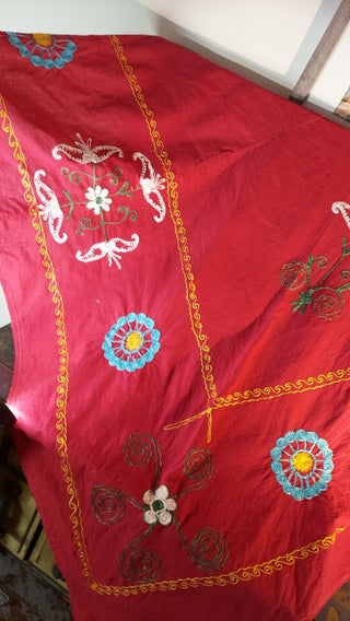 Midcentury Gorgeous Suzani embroidered console table side table corner half tablecloth (As-Is)