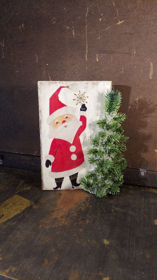 Santa Topping the Tree - Wall art - artisanal holiday decoration wood print with flocked pine on wood with a distressed white finish