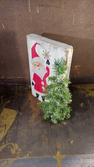 Santa Topping the Tree - Wall art - artisanal holiday decoration wood print with flocked pine on wood with a distressed white finish