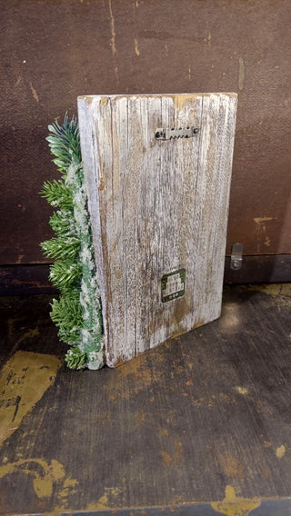 Santa Topping the Tree - Wall art - artisanal holiday decoration wood print with flocked pine on wood with a distressed white finish