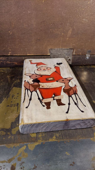 1940s Santa and Reindeer - illustration on distressed reclaimed wood wall art