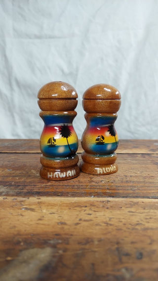1960s "Hawaii and Aloha" wooden salt and pepper shaker set - souvenirs with new stoppers