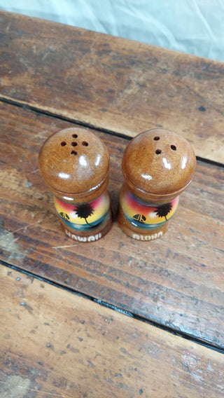 1960s "Hawaii and Aloha" wooden salt and pepper shaker set - souvenirs with new stoppers