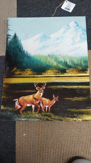 1960s Deer Grazing Autumn Mountain landscape Scene Hand painted - Oil On Velvet mounted on canvas - Chuy Moran workshop, Bob Ross style (AS-IS)