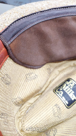 1970s Brown Cream Tweed Wool with decorative Feathers Trilby Fedora Hat by J.A. Miller Co. Made UNION USA, 2" brim (As-Is) with drop-down ear flap