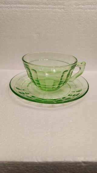 Uranium Glass - 1929-33 Block Optic Green-  scroll handle Cup and Saucer Set by Anchor Hocking (As-Is)