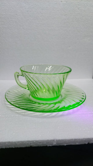 Uranium Glass - 1928-30 Spiral Green Cup & Saucer Set by Anchor Hocking (As-Is)