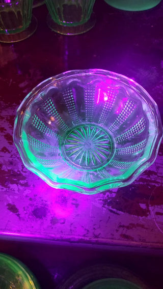 1890s Hand Blown Shaped - Green uranium glass ornate fruit sorbet bowl (As-Is)