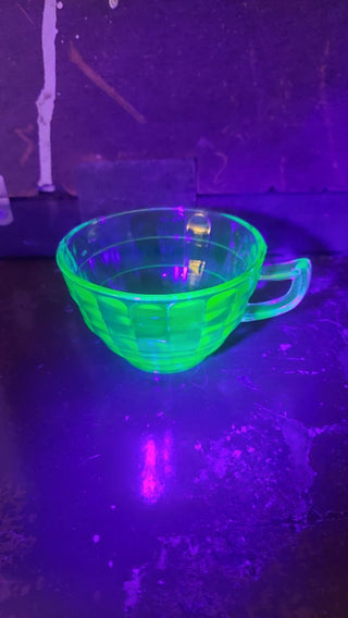 Uranium Glass - 1929-33 Cup Flared Handle, Block Optic Green by Hazel-Atlas (As-Is)