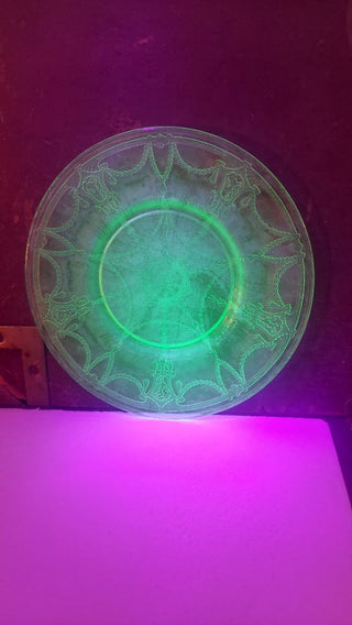 RARE - Uranium Glass - 1930-34 Large cameo luncheon plate, well worn with film - Cameo Green by Anchor Hocking (As-Is)