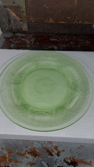 Uranium Glass - 1933-36 luncheon plate(well worn with film) - Two Birds Green Georgian by Federal Glass (As-Is)