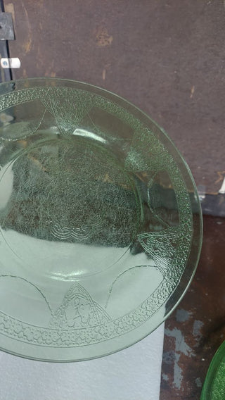 Uranium Glass - 1933-36 luncheon plate(well worn with film) - Two Birds Green Georgian by Federal Glass (As-Is)