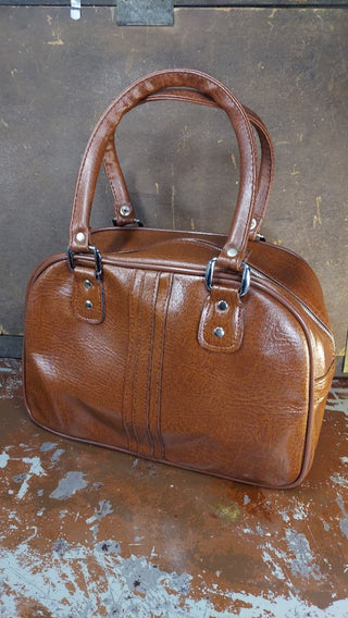 Never Used - 1950s Tote Carry-on Bag, Brown Vinyl made in Taiwan R.O.C.