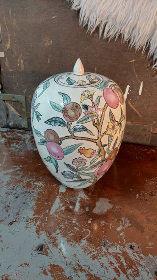 Blooming Plum Tree Temple Jar By WBI China. Chinese Chinoiserie enameled porcelain canister