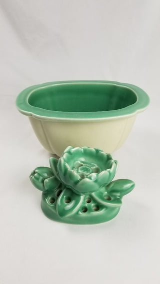 1920s Rookwood Pottery Frog Planter Ikebana Flower Arrangement Arts and Crafts Nouveau Bohemian Decorative Green Porcelain Vase