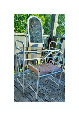 1970-80s Dressing table vanity and stool set. White Metal with smoked glass and mirror