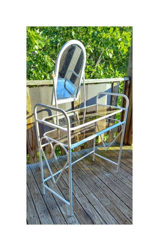 1970-80s Dressing table vanity and stool set. White Metal with smoked glass and mirror